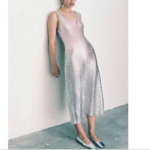 ZARA Silver Foil Metallic Open Fishnet Look Midi Dress NWT